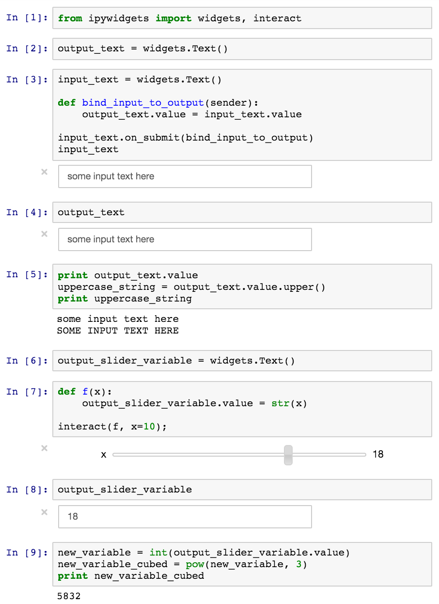 Screenshot of iPython notebook to illustrate binding variables from ipywidgets Text() and interact() for use throughout notebook